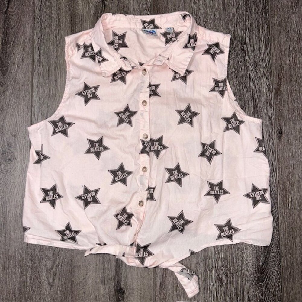 The Beatles Kids T-Shirt Youth XL Pink Button Up  Sleeveless Collared Shirt W/Fr
